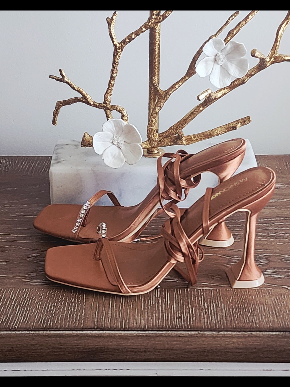 Fashion Nova Copper "Feel The Flame"  Satin Strappy Heels with Rhinestone Accent